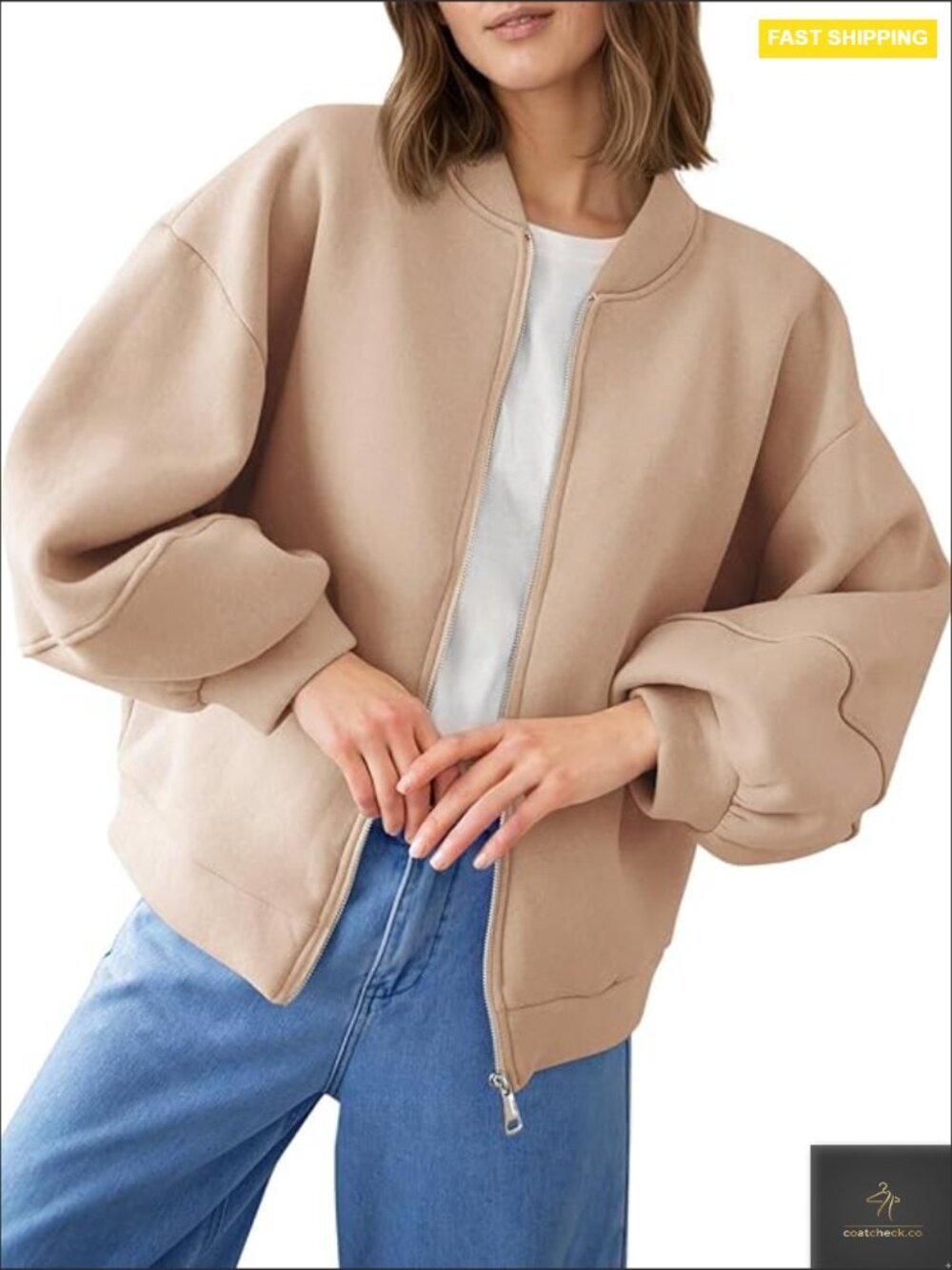 Zip Up Bomber Jacket Oversized Lantern Sleeve Casual Fall Outfits 2025